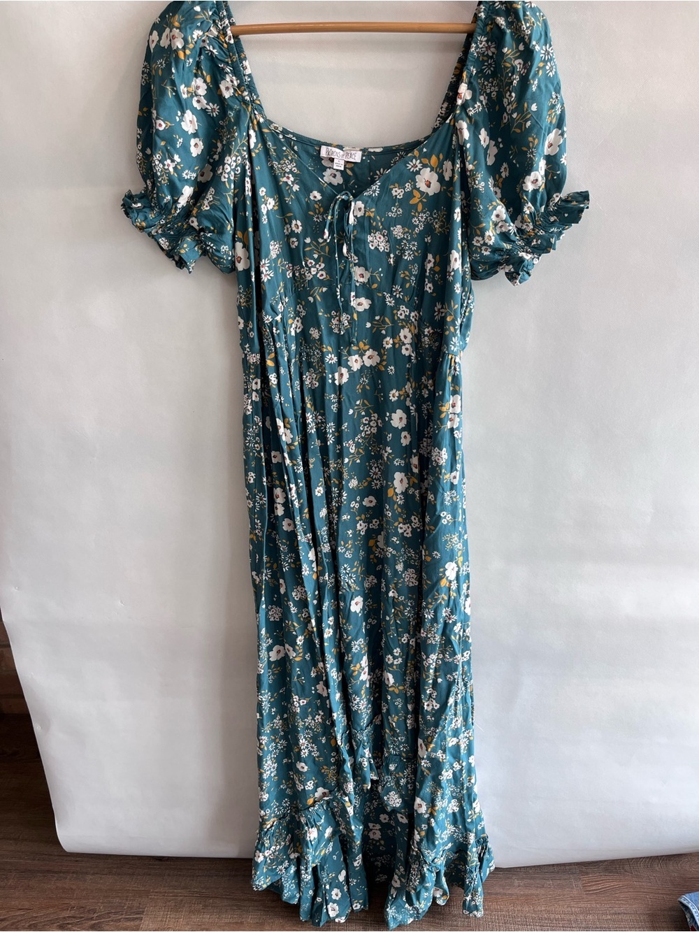 Patrons of Peace Sea Green Adrian Floral Puff Sleeve Ruffle Dress